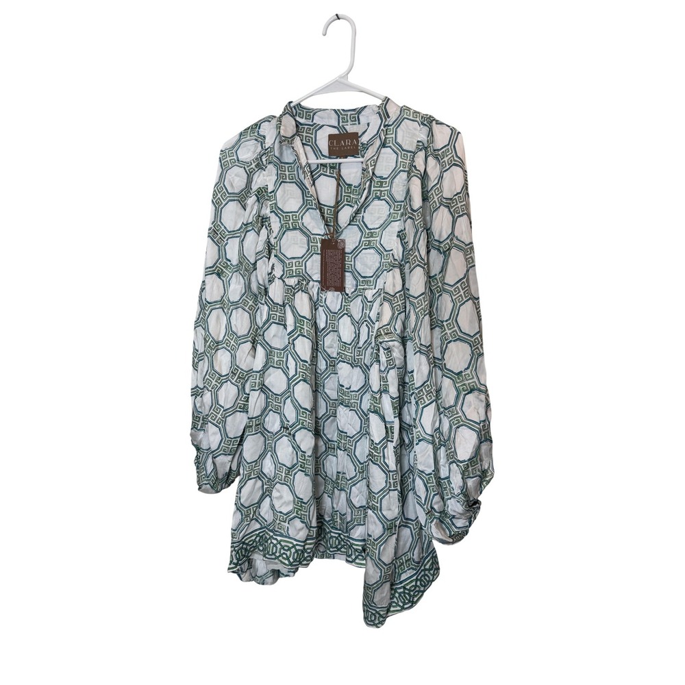 Clara The Label Dress Womens Small White Geometric Boho V Neck Shift Long Sleeve